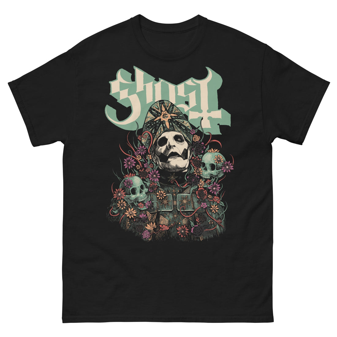 Black t-shirt with a graphic design featuring skulls and the word &