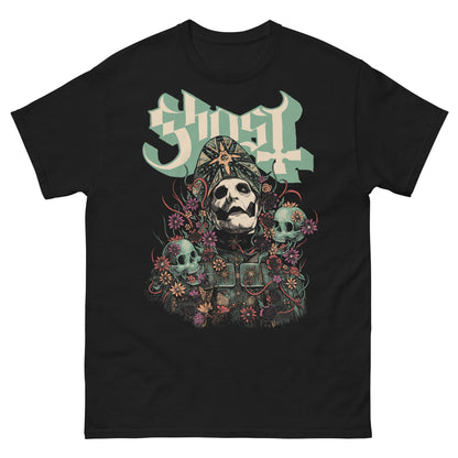 Black t-shirt with a graphic design featuring skulls and the word &