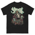 Black t-shirt with a graphic design featuring skulls and the word &