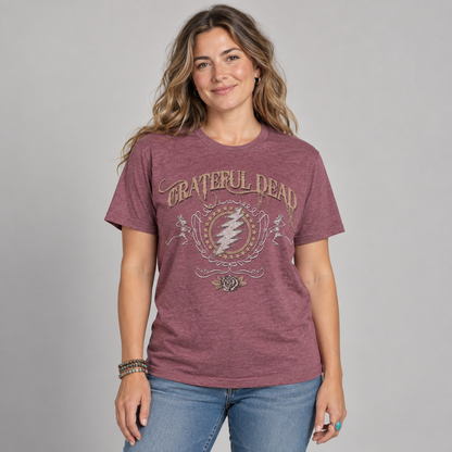 Studio photo of a woman wearing the heather cardinal Grateful Dead Bolt T-shirt with vintage lightning bolt, skeleton and rose artwork.