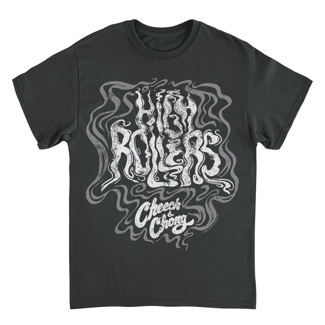 A dark charcoal gray short-sleeve t-shirt with a large white and light gray psychedelic graphic on the front. The graphic features stylized text reading &