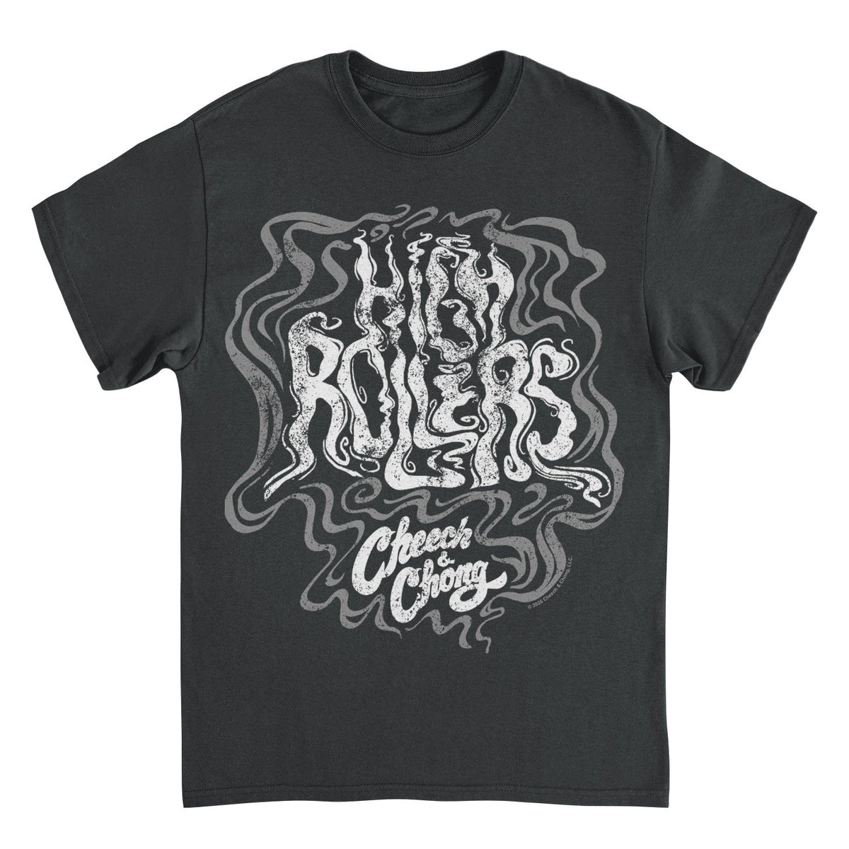 A dark charcoal gray short-sleeve t-shirt with a large white and light gray psychedelic graphic on the front. The graphic features stylized text reading &
