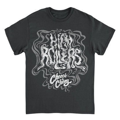 A dark charcoal gray short-sleeve t-shirt with a large white and light gray psychedelic graphic on the front. The graphic features stylized text reading &