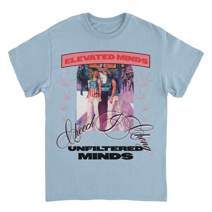 A light blue crewneck t-shirt featuring a graphic print with the text &