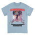 A light blue crewneck t-shirt featuring a graphic print with the text &