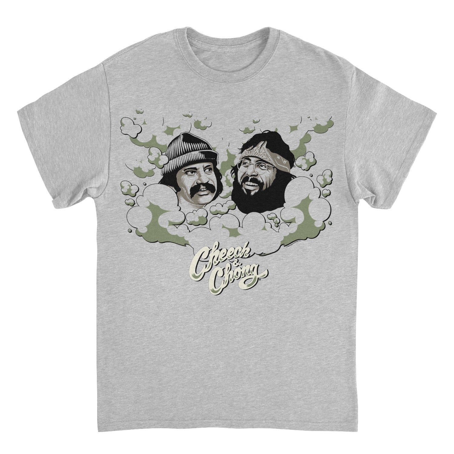 A light heather gray crewneck t-shirt featuring a graphic print of two men&