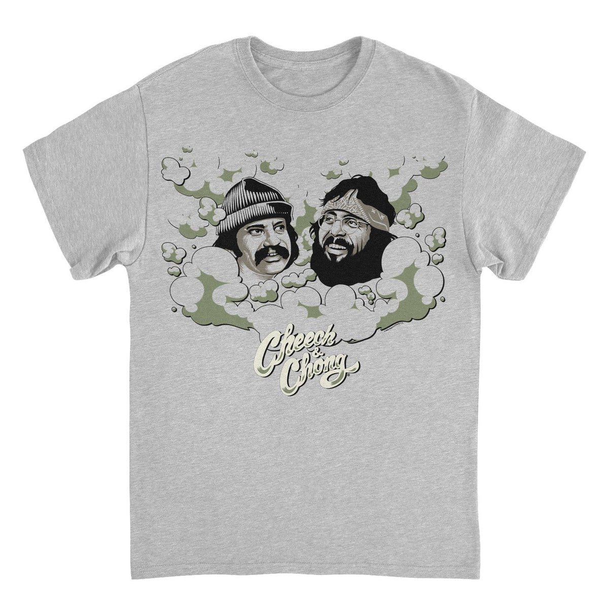 A light heather gray crewneck t-shirt featuring a graphic print of two men&