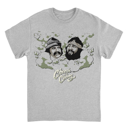 A light heather gray crewneck t-shirt featuring a graphic print of two men&