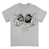 A light heather gray crewneck t-shirt featuring a graphic print of two men&