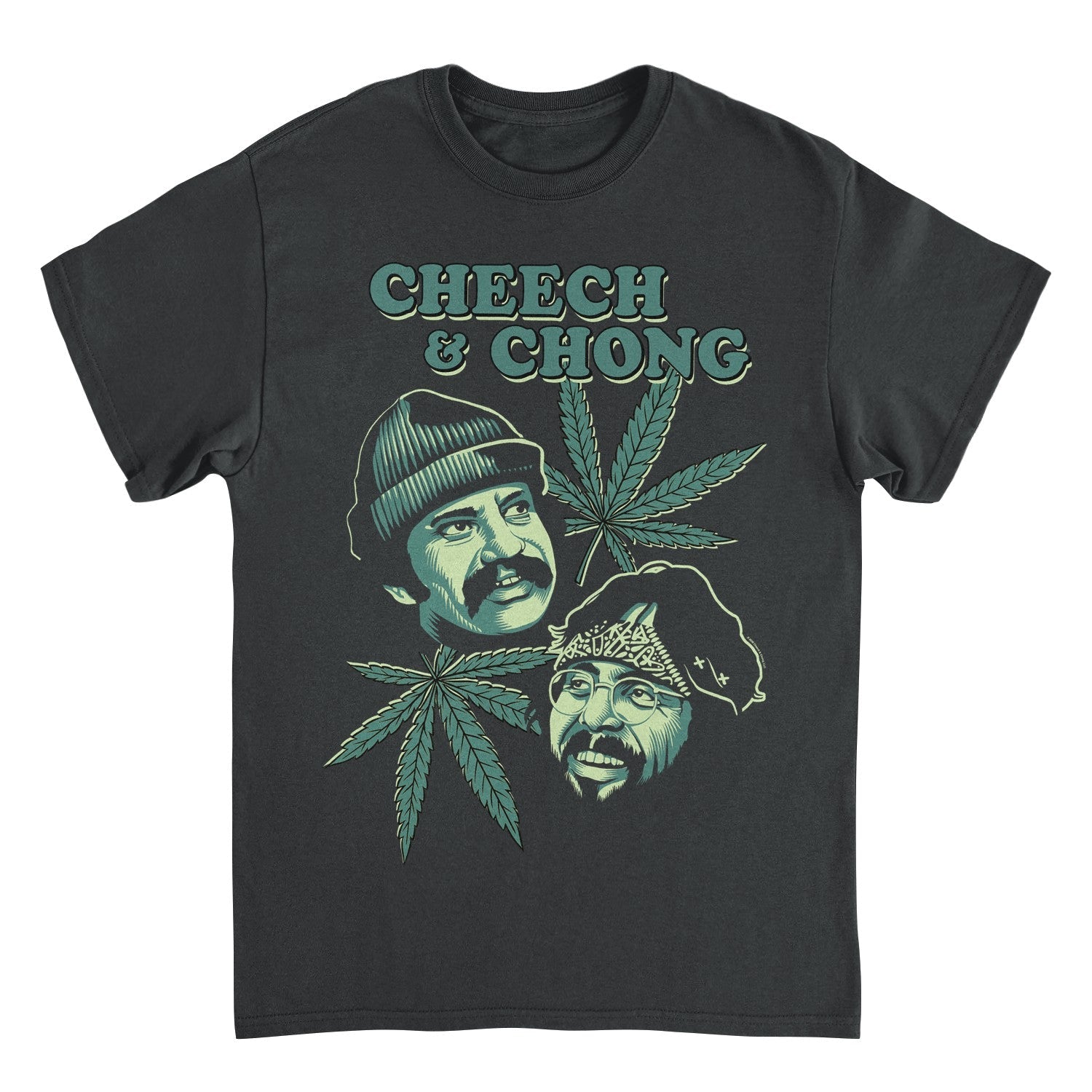 A dark charcoal gray graphic t-shirt featuring a green and white print of Cheech &amp; Chong with cannabis leaves, displayed flat against a white background.