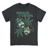 A dark charcoal gray graphic t-shirt featuring a green and white print of Cheech & Chong with cannabis leaves, displayed flat against a white background.