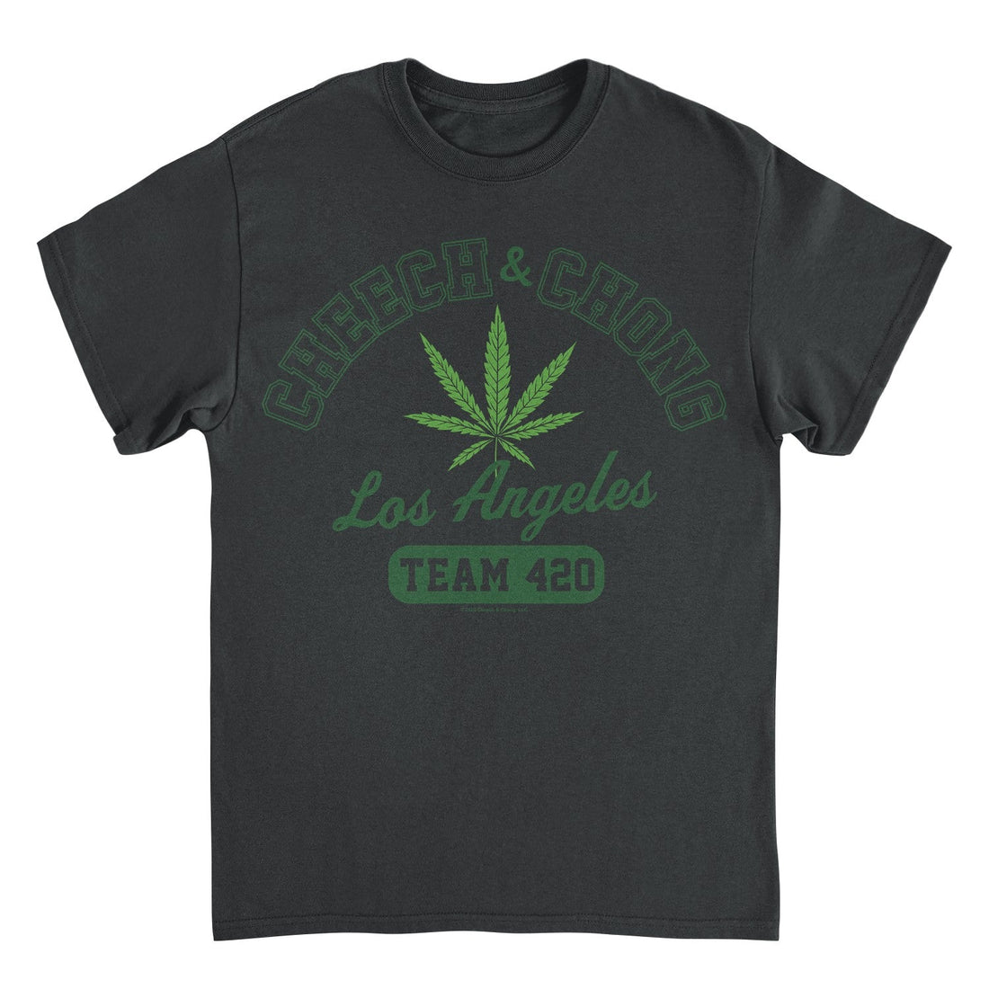 A dark charcoal gray t-shirt with a green graphic print on the front. The design features a cannabis leaf in the center, arched text reading &