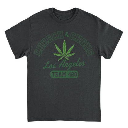A dark charcoal gray t-shirt with a green graphic print on the front. The design features a cannabis leaf in the center, arched text reading &
