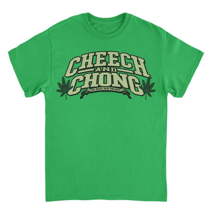 A bright green short-sleeve crewneck t-shirt featuring a large graphic on the chest that reads &