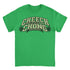 A bright green short-sleeve crewneck t-shirt featuring a large graphic on the chest that reads &
