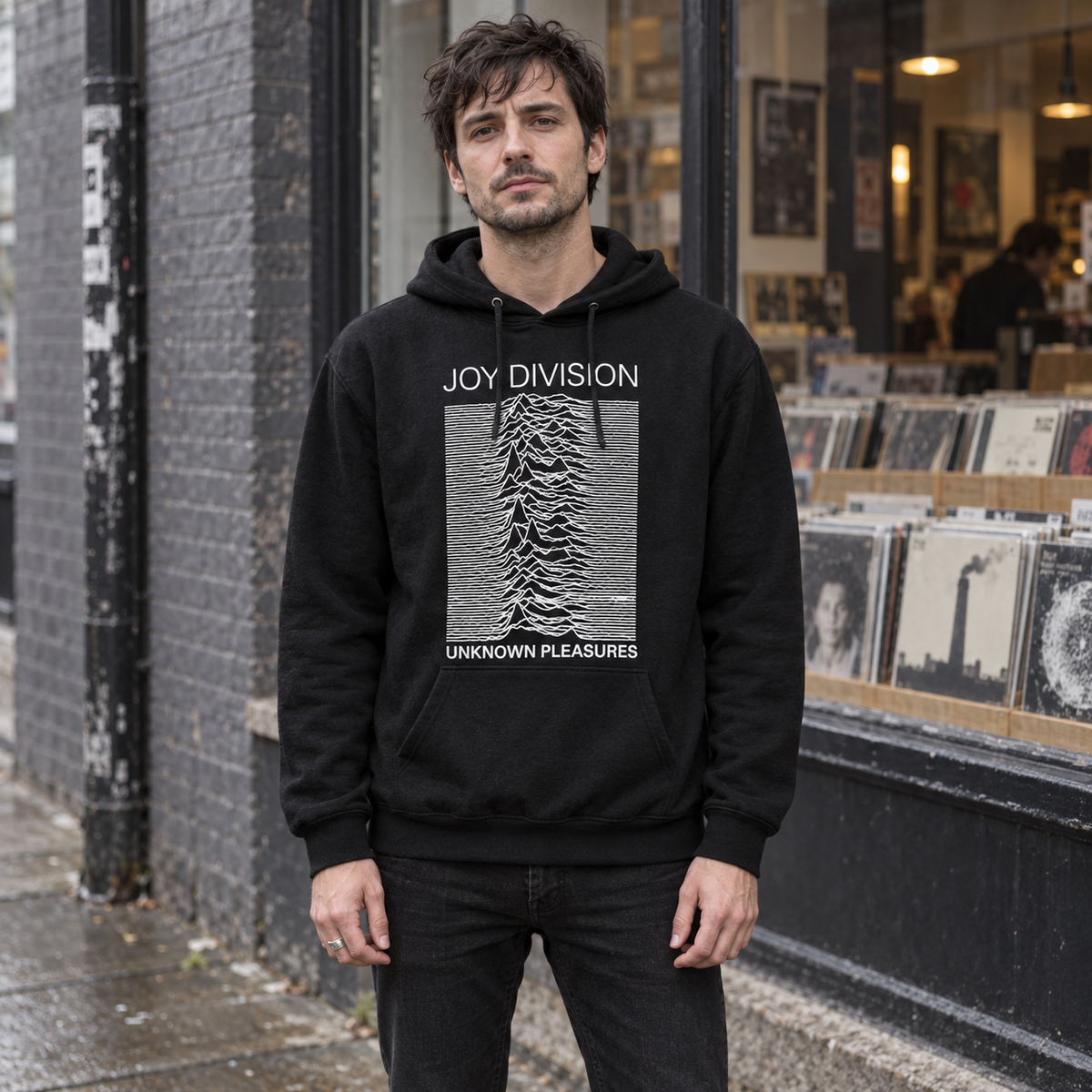 Man wearing the black Joy Division Unknown Pleasures hoodie outside a record shop.