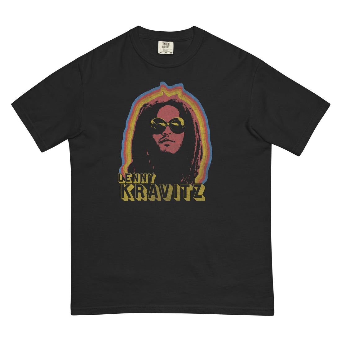 Black t-shirt with a colorful graphic of a person and &
