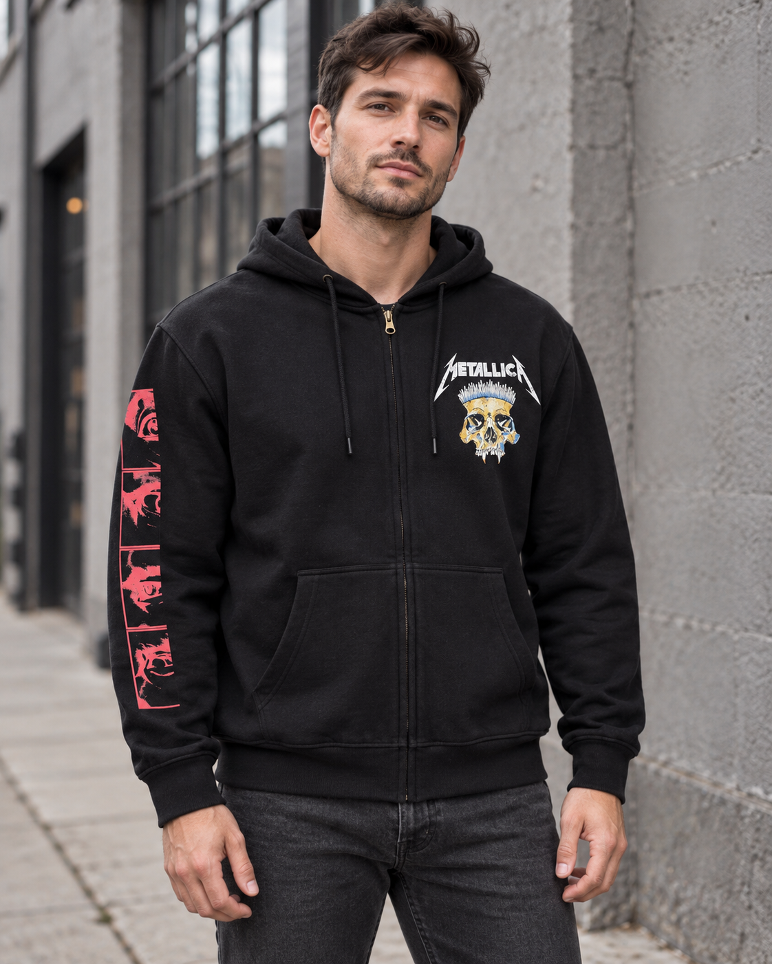 Front lifestyle view of the black Metallica In Vertigo zip-up hoodie, showing chest and right-sleeve artwork.