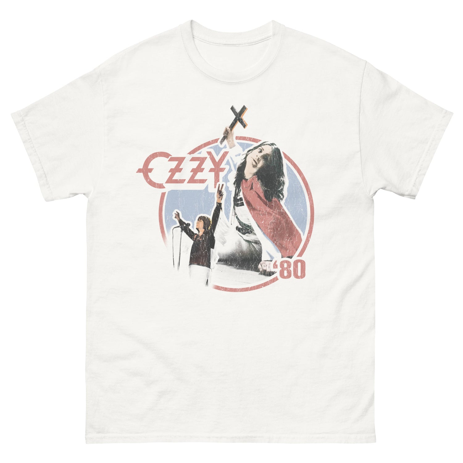 White t-shirt with graphic design of a person holding a cross and text &