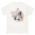 White t-shirt with graphic design of a person holding a cross and text &
