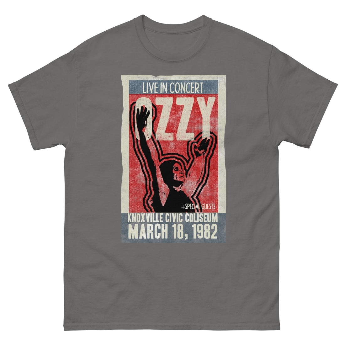 Gray t-shirt with Ozzy Osbourne concert poster design on a white background