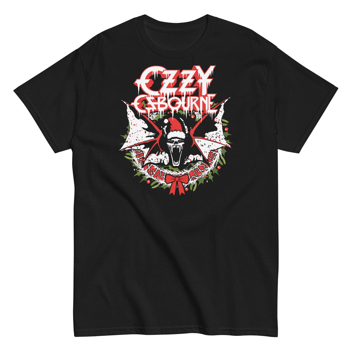 Black crew neck t-shirt with a graphic print of Ozzy Osbourne&