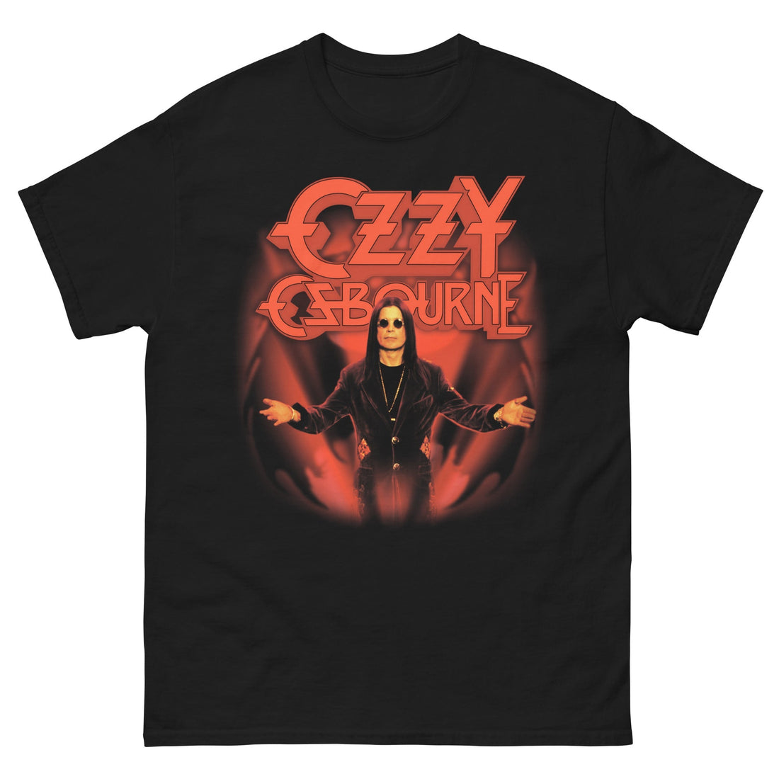 Black t-shirt with Ozzy Osbourne graphic design on a white background