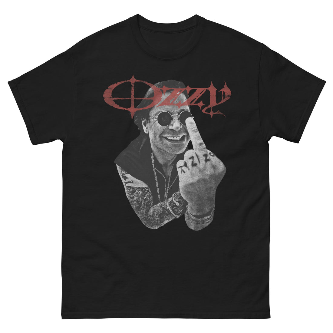 Black t-shirt with graphic design of a person making a hand gesture and &