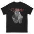 Black t-shirt with graphic design of a person making a hand gesture and &