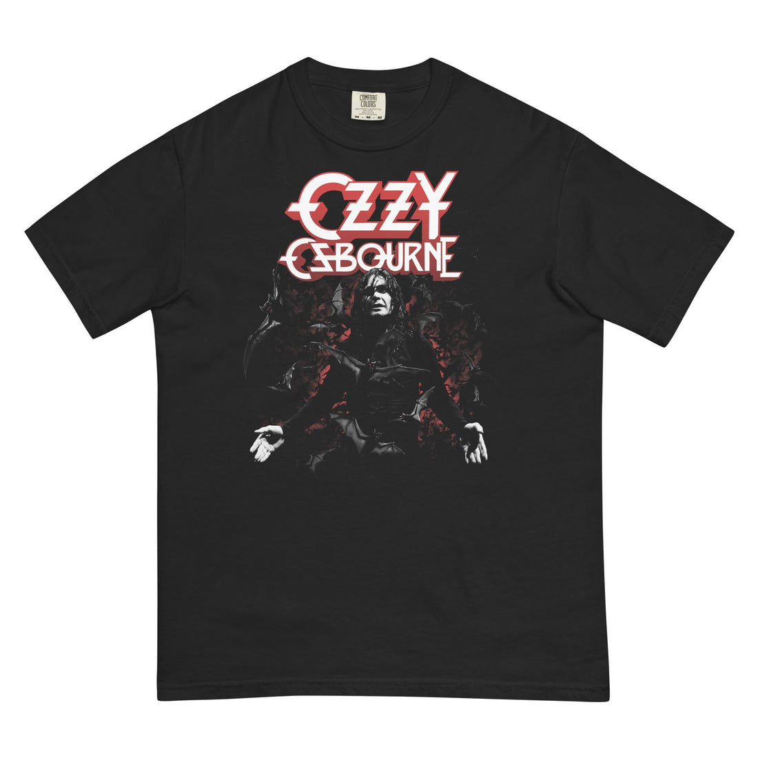 Black t-shirt with Ozzy Osbourne graphic design on a white background