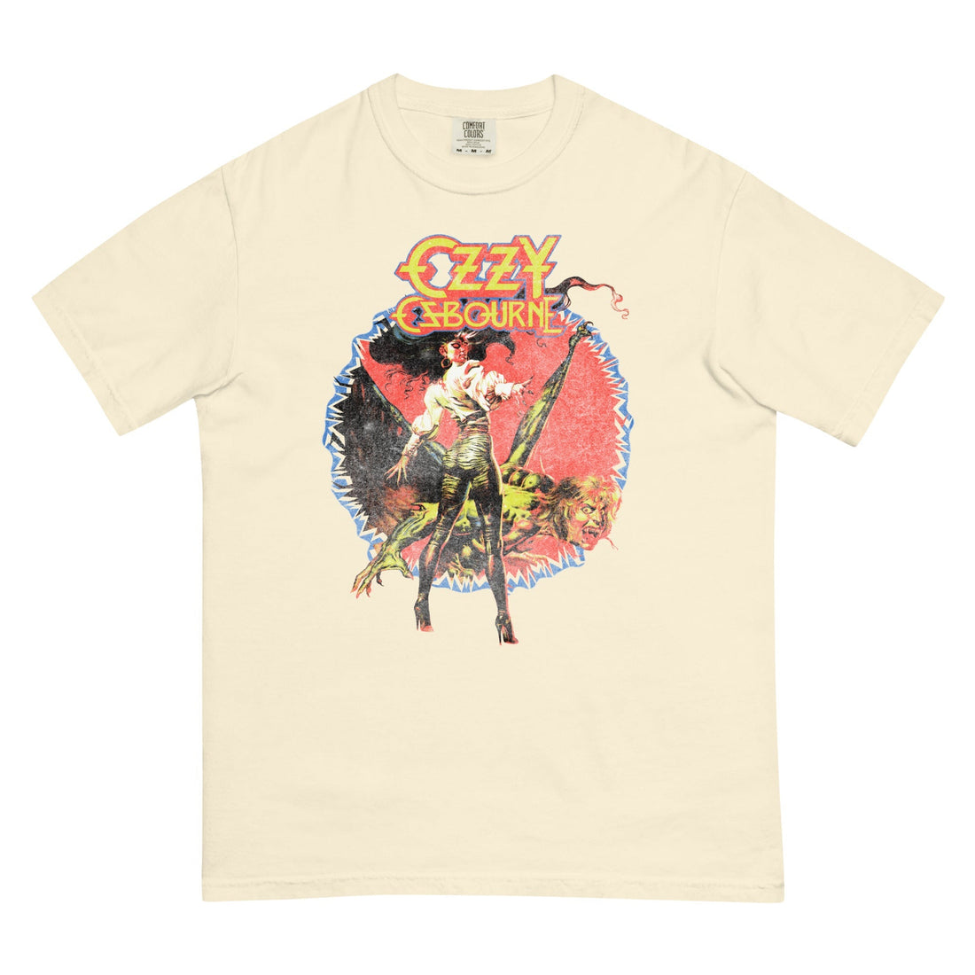 Beige t-shirt with Ozzy Osbourne graphic design on a white background