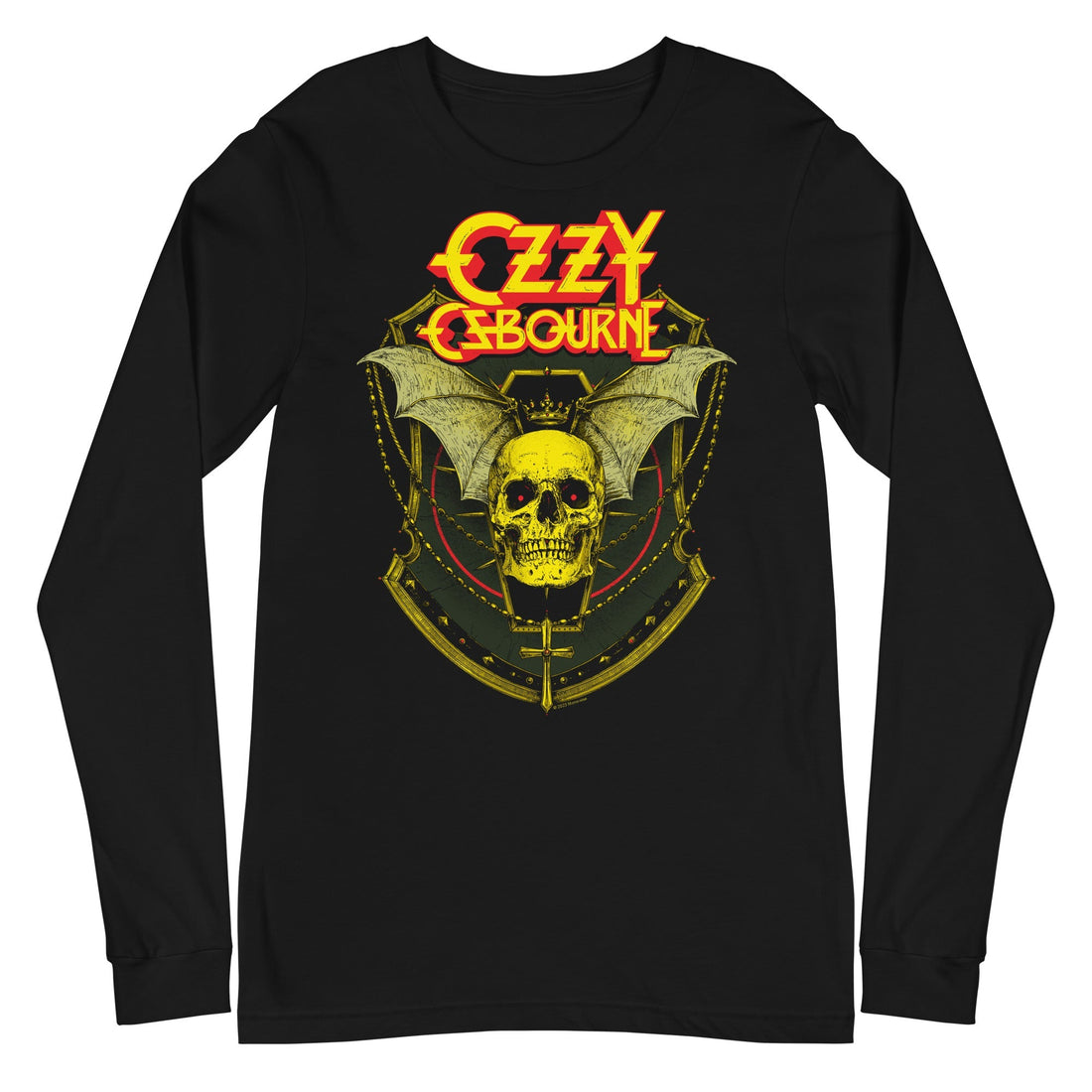 Black long sleeve T-shirt with Ozzy Osbourne band graphic in yellow and red on the front.