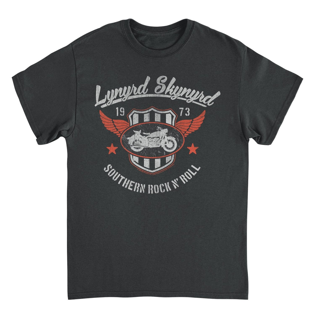 Black t-shirt with Lynyrd Skynyrd graphic design on a white background