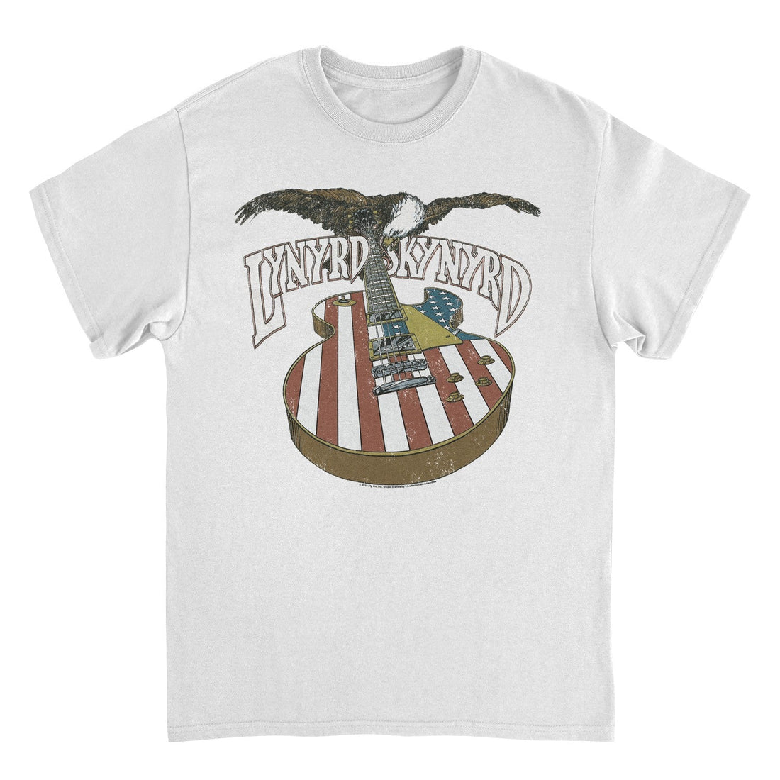 White t-shirt with Lynyrd Skynyrd graphic design featuring an American flag guitar and eagle on a white background.