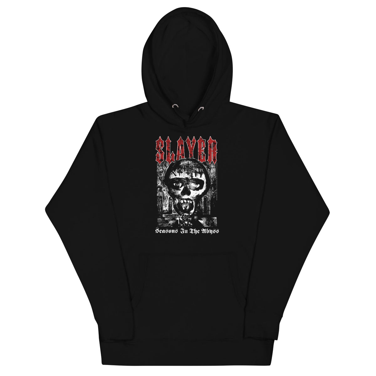Black hoodie with Slayer graphic design on a white background