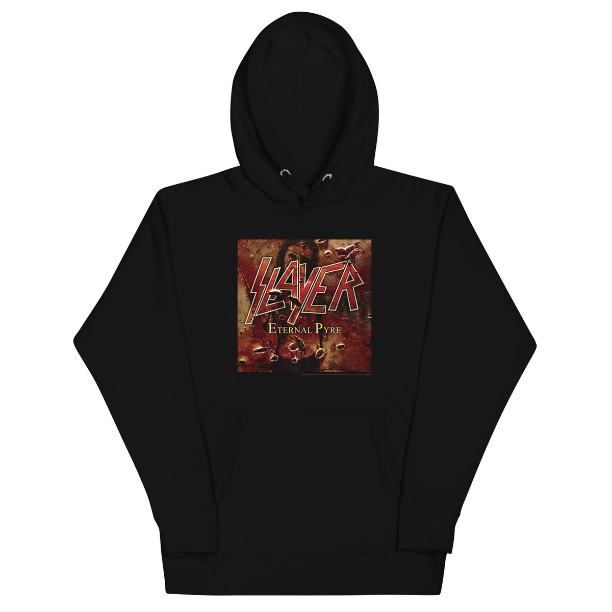 Black hoodie with Slayer album cover design on a white background