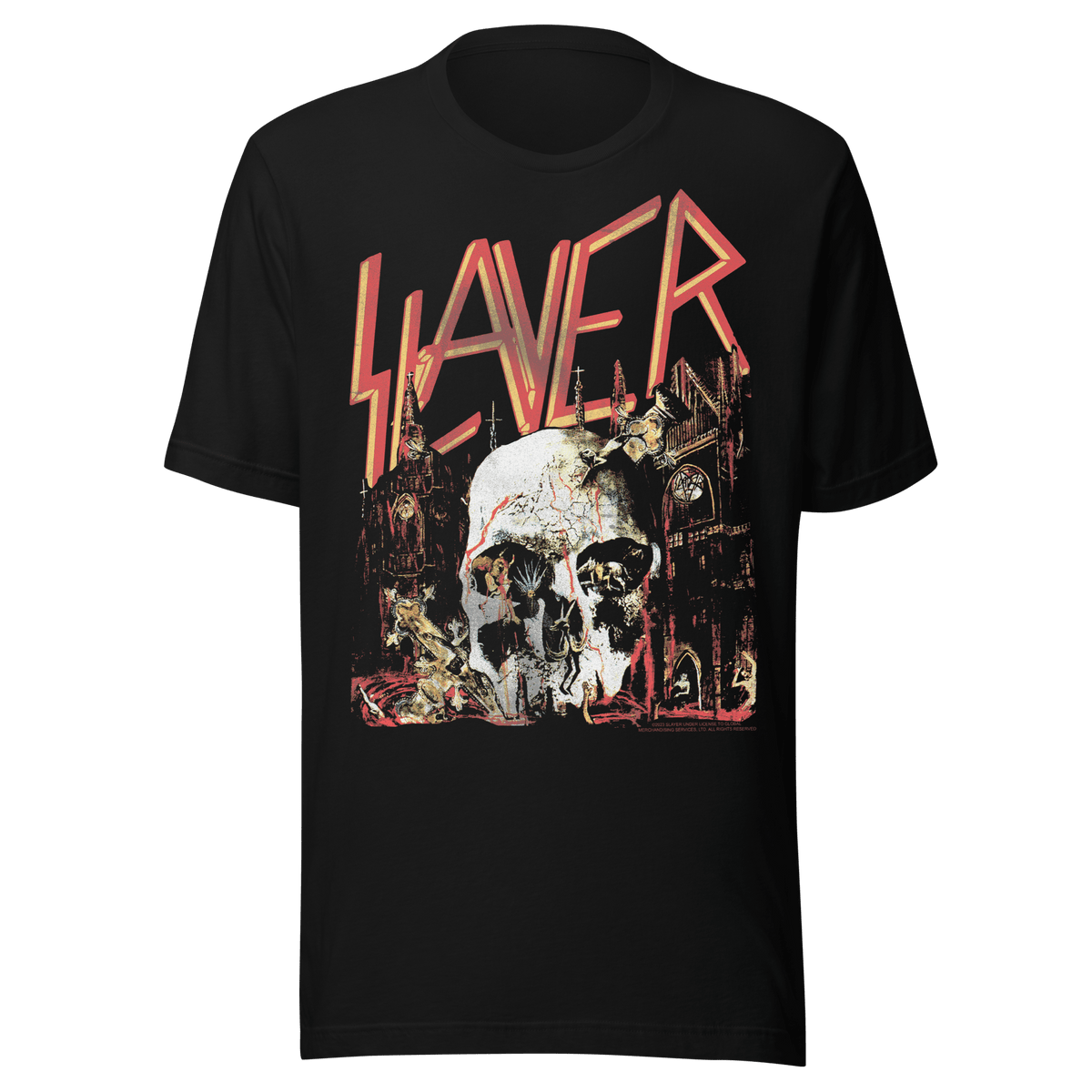 Black t-shirt with Slayer band logo and skull design on a transparent background