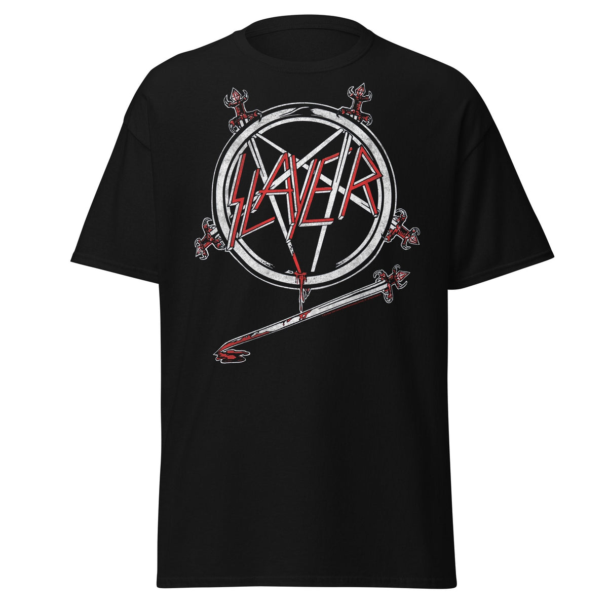 Black t-shirt with Slayer logo on a white background