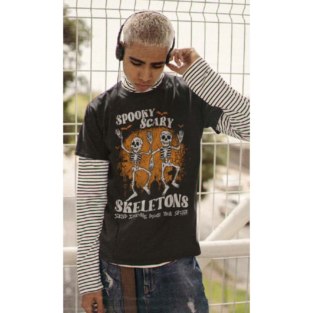 SPOOKY SCARY SKELETONS Eye-Catching T-Shirt, BATS AND GRAVES