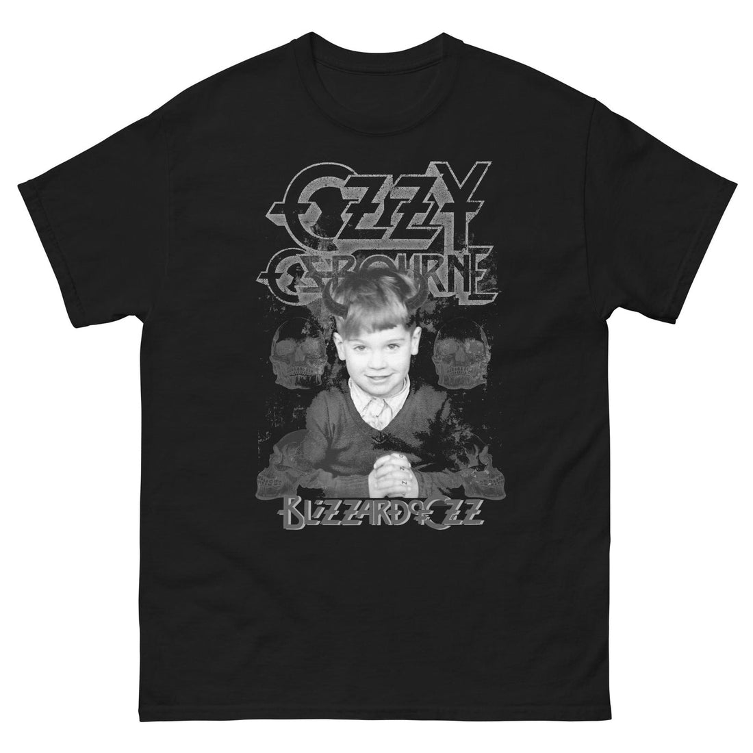 Black t-shirt with a graphic of a young Ozzy Osbourne and text on a white background