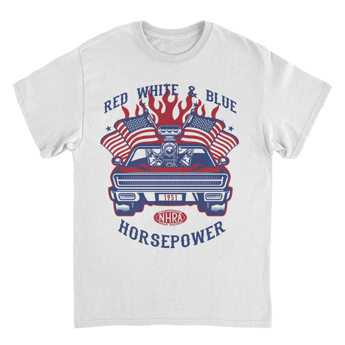 NHRA Red White and Blue Horsepower Red Heat White T-Shirt