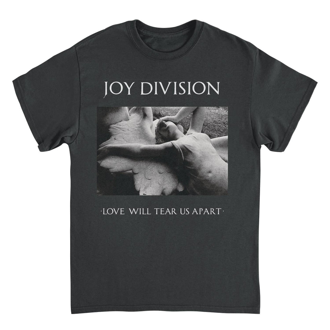Black t-shirt with Joy Division album cover design featuring a black and white photo and text.