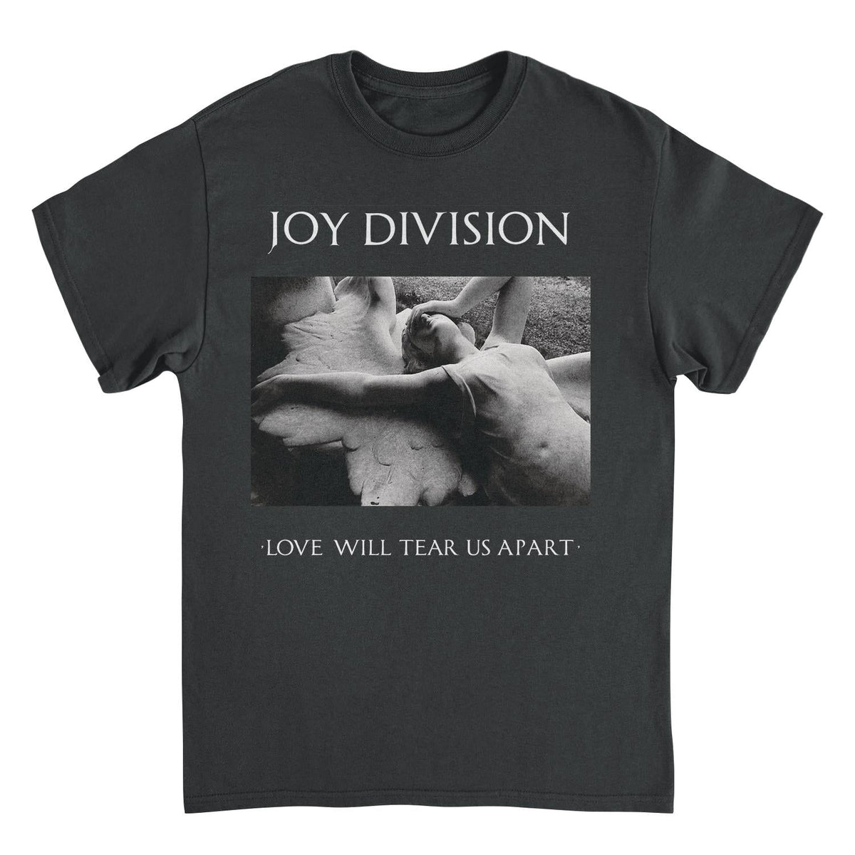 Black t-shirt with Joy Division album cover design featuring a black and white photo and text.