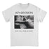 White t-shirt with black and white graphic and text &