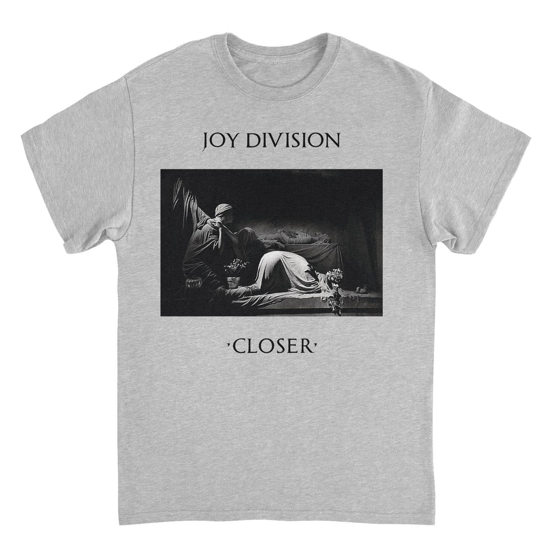 Gray t-shirt with Joy Division &