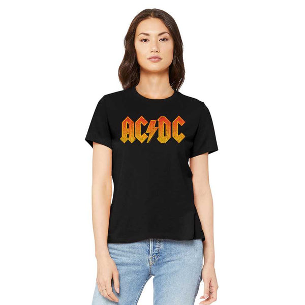 Women Exclusive AC/DC Eye-Catching T-Shirt, Distressed Orange Logo
