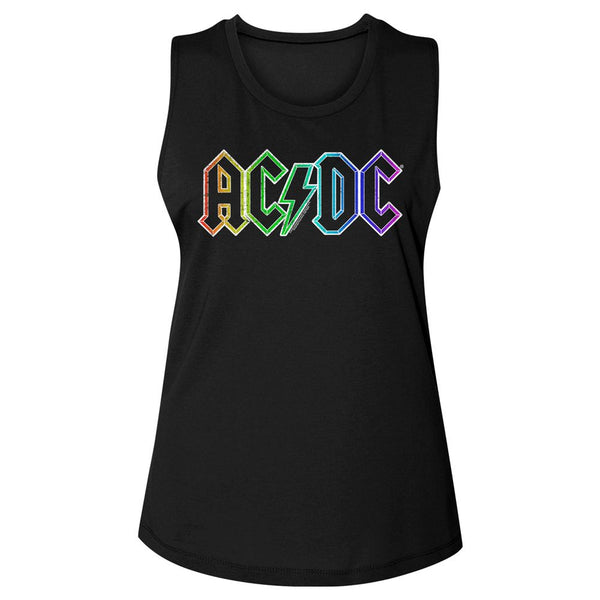 Women Exclusive AC/DC Eye-Catching Muscle Tank, Rainbow Logo