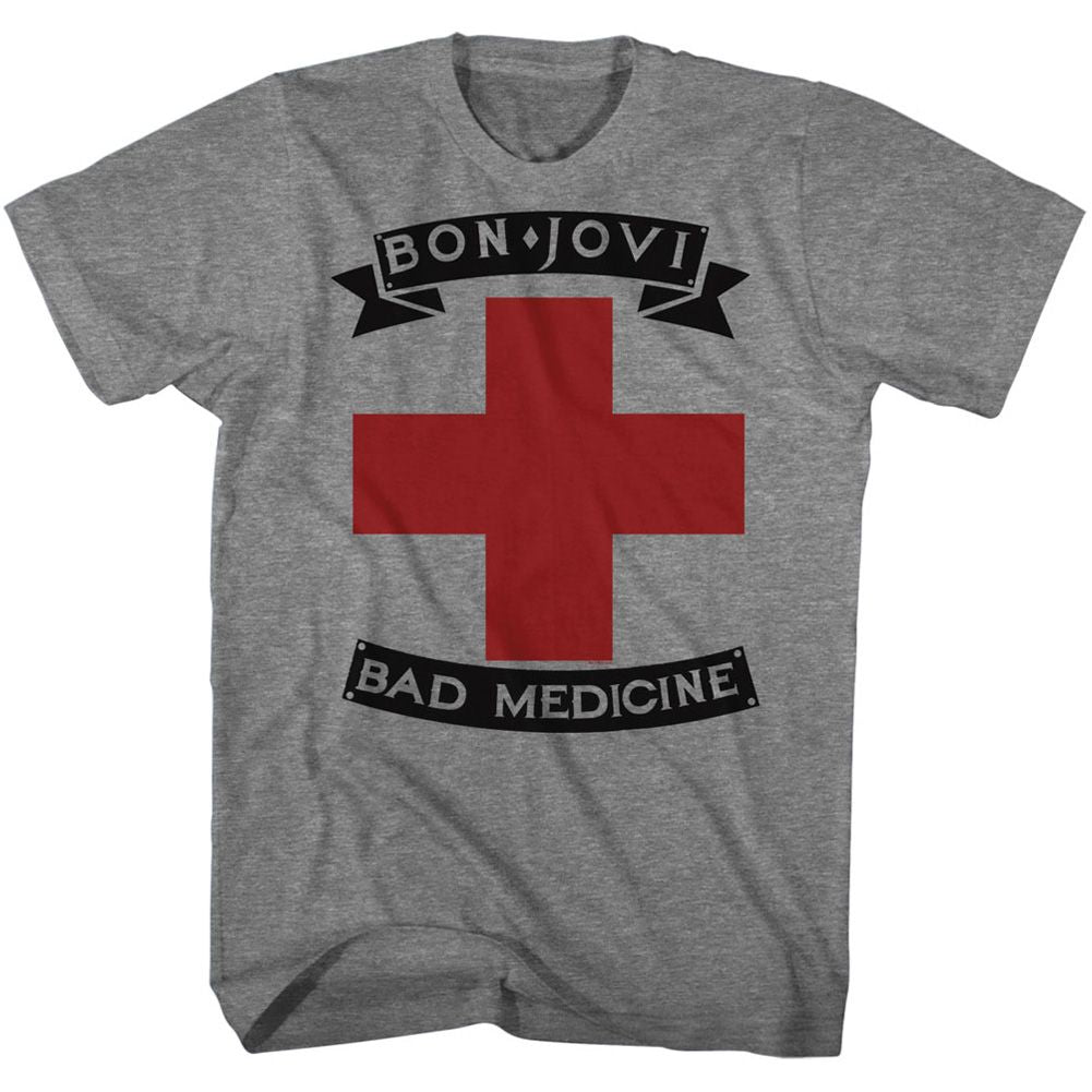 Gray t-shirt with red cross and &