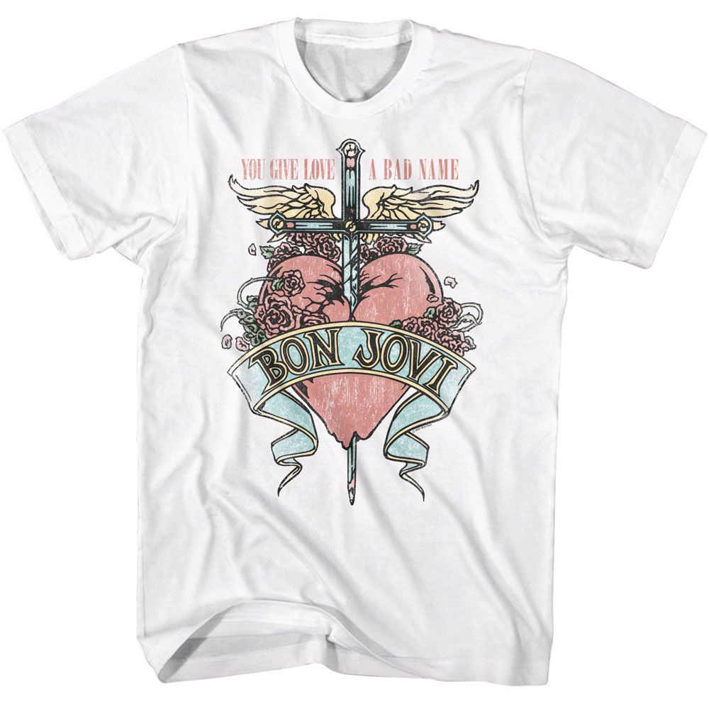 White t-shirt with Bon Jovi graphic design featuring a heart and sword on a white background