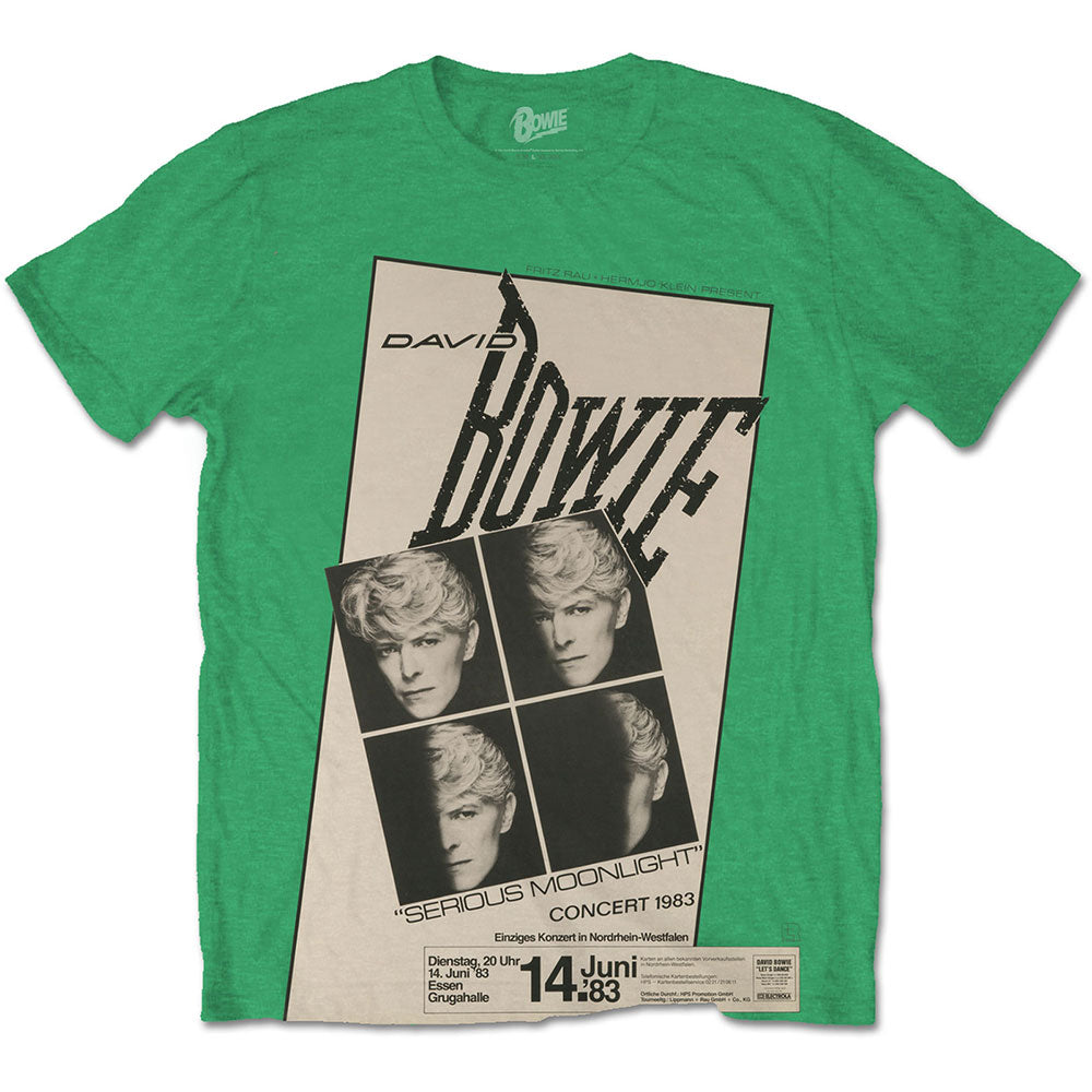An official green David Bowie t-shirt featuring a black and white photo of the artist on the front with the text &